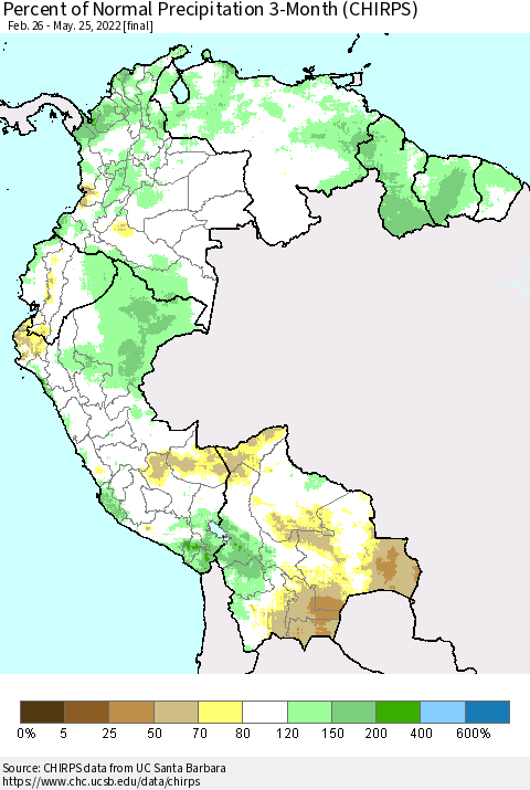 Northern South America Percent of Normal Precipitation 3-Month (CHIRPS) Thematic Map For 2/26/2022 - 5/25/2022