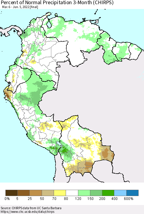 Northern South America Percent of Normal Precipitation 3-Month (CHIRPS) Thematic Map For 3/6/2022 - 6/5/2022