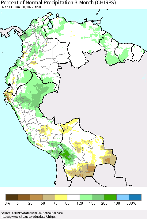 Northern South America Percent of Normal Precipitation 3-Month (CHIRPS) Thematic Map For 3/11/2022 - 6/10/2022