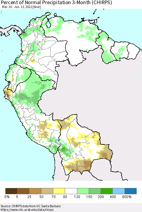 Northern South America Percent of Normal Precipitation 3-Month (CHIRPS) Thematic Map For 3/16/2022 - 6/15/2022