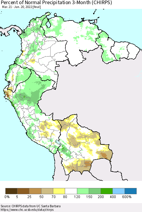Northern South America Percent of Normal Precipitation 3-Month (CHIRPS) Thematic Map For 3/21/2022 - 6/20/2022