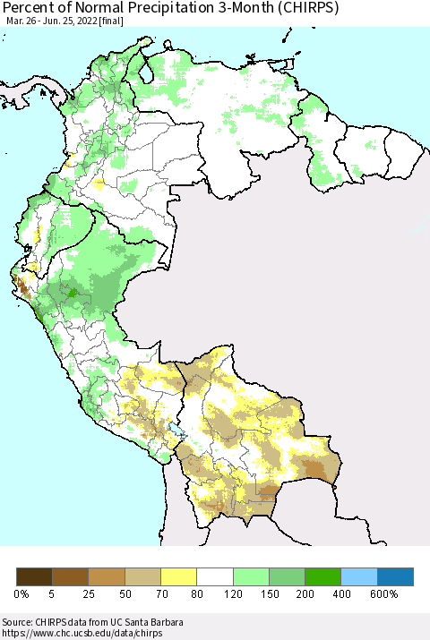 Northern South America Percent of Normal Precipitation 3-Month (CHIRPS) Thematic Map For 3/26/2022 - 6/25/2022