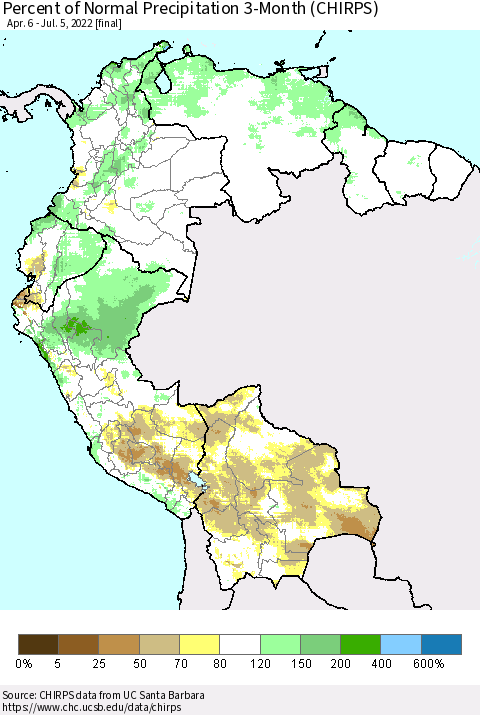 Northern South America Percent of Normal Precipitation 3-Month (CHIRPS) Thematic Map For 4/6/2022 - 7/5/2022