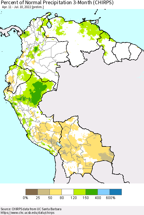 Northern South America Percent of Normal Precipitation 3-Month (CHIRPS) Thematic Map For 4/11/2022 - 7/10/2022