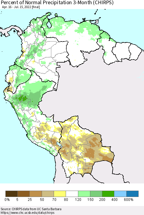 Northern South America Percent of Normal Precipitation 3-Month (CHIRPS) Thematic Map For 4/16/2022 - 7/15/2022