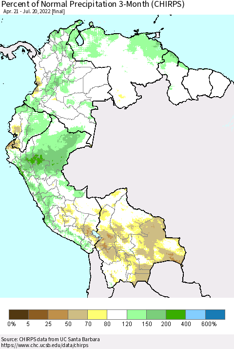 Northern South America Percent of Normal Precipitation 3-Month (CHIRPS) Thematic Map For 4/21/2022 - 7/20/2022