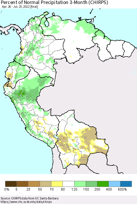 Northern South America Percent of Normal Precipitation 3-Month (CHIRPS) Thematic Map For 4/26/2022 - 7/25/2022