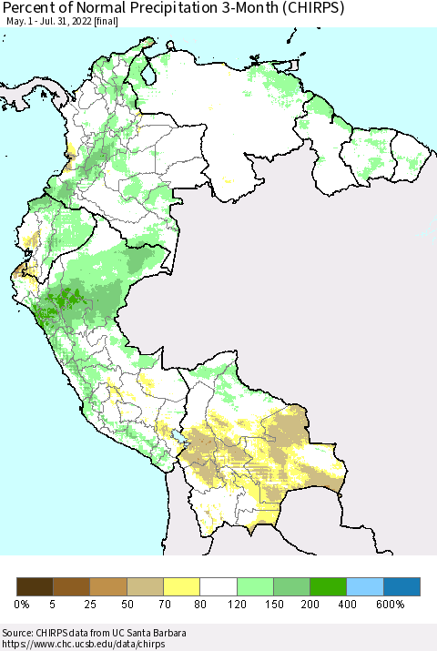 Northern South America Percent of Normal Precipitation 3-Month (CHIRPS) Thematic Map For 5/1/2022 - 7/31/2022