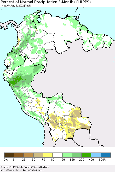 Northern South America Percent of Normal Precipitation 3-Month (CHIRPS) Thematic Map For 5/6/2022 - 8/5/2022