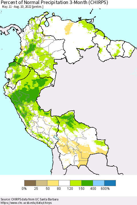 Northern South America Percent of Normal Precipitation 3-Month (CHIRPS) Thematic Map For 5/11/2022 - 8/10/2022