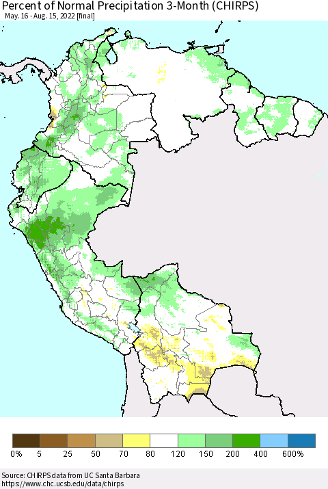 Northern South America Percent of Normal Precipitation 3-Month (CHIRPS) Thematic Map For 5/16/2022 - 8/15/2022