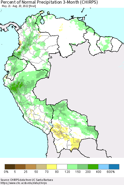 Northern South America Percent of Normal Precipitation 3-Month (CHIRPS) Thematic Map For 5/21/2022 - 8/20/2022