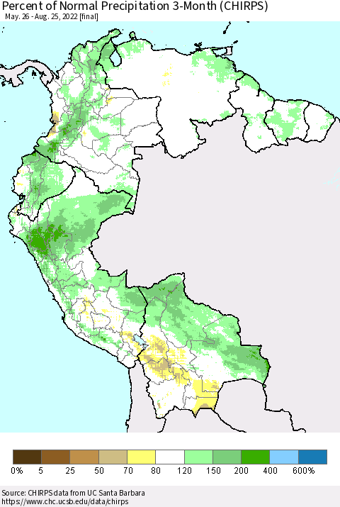 Northern South America Percent of Normal Precipitation 3-Month (CHIRPS) Thematic Map For 5/26/2022 - 8/25/2022