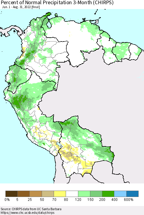 Northern South America Percent of Normal Precipitation 3-Month (CHIRPS) Thematic Map For 6/1/2022 - 8/31/2022