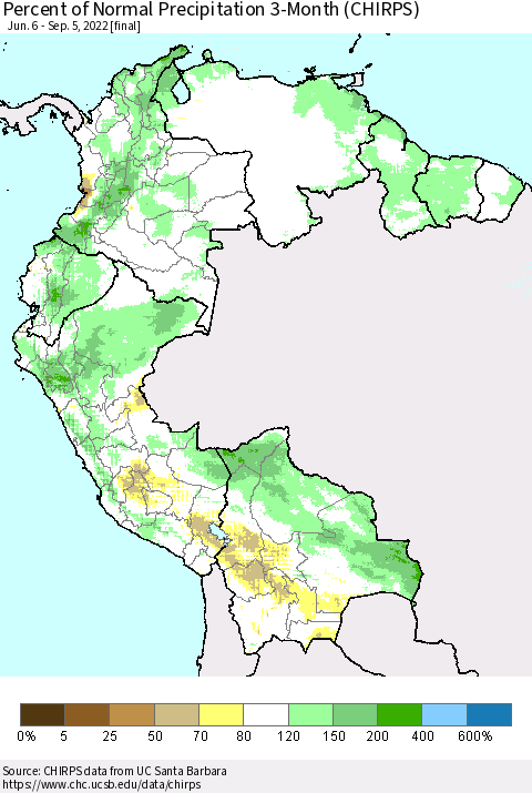 Northern South America Percent of Normal Precipitation 3-Month (CHIRPS) Thematic Map For 6/6/2022 - 9/5/2022