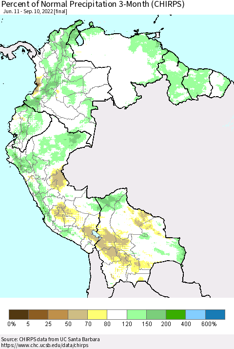 Northern South America Percent of Normal Precipitation 3-Month (CHIRPS) Thematic Map For 6/11/2022 - 9/10/2022