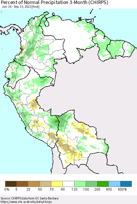 Northern South America Percent of Normal Precipitation 3-Month (CHIRPS) Thematic Map For 6/16/2022 - 9/15/2022