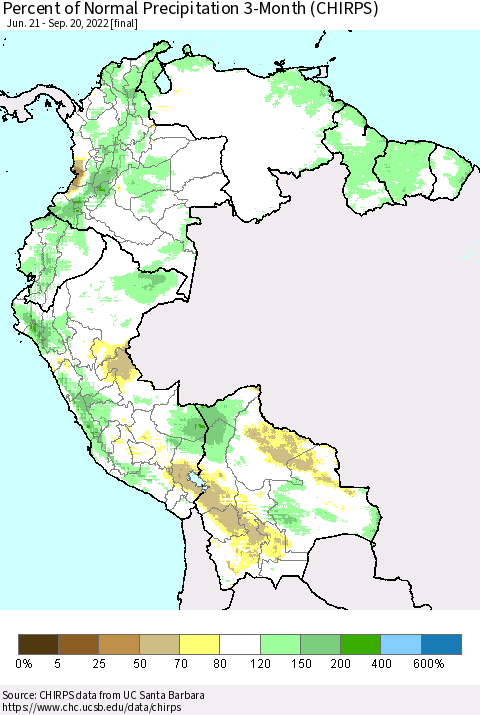 Northern South America Percent of Normal Precipitation 3-Month (CHIRPS) Thematic Map For 6/21/2022 - 9/20/2022