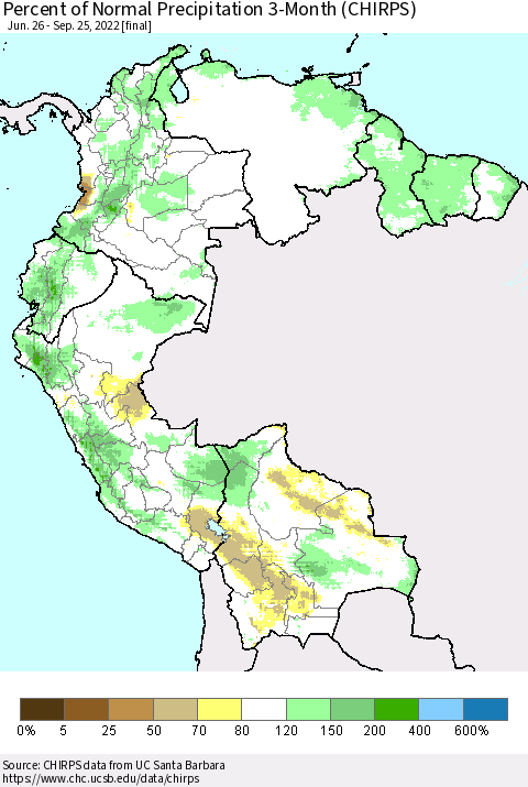 Northern South America Percent of Normal Precipitation 3-Month (CHIRPS) Thematic Map For 6/26/2022 - 9/25/2022