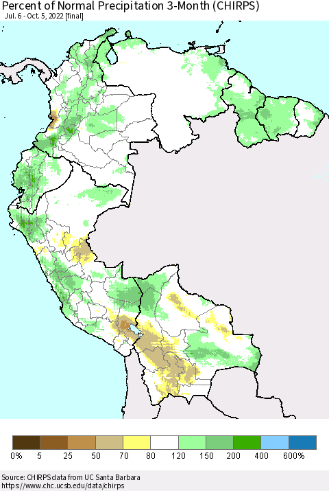 Northern South America Percent of Normal Precipitation 3-Month (CHIRPS) Thematic Map For 7/6/2022 - 10/5/2022