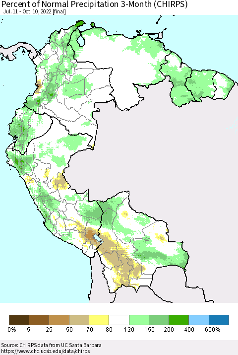 Northern South America Percent of Normal Precipitation 3-Month (CHIRPS) Thematic Map For 7/11/2022 - 10/10/2022
