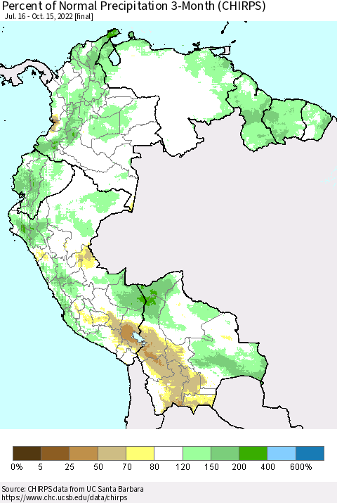 Northern South America Percent of Normal Precipitation 3-Month (CHIRPS) Thematic Map For 7/16/2022 - 10/15/2022