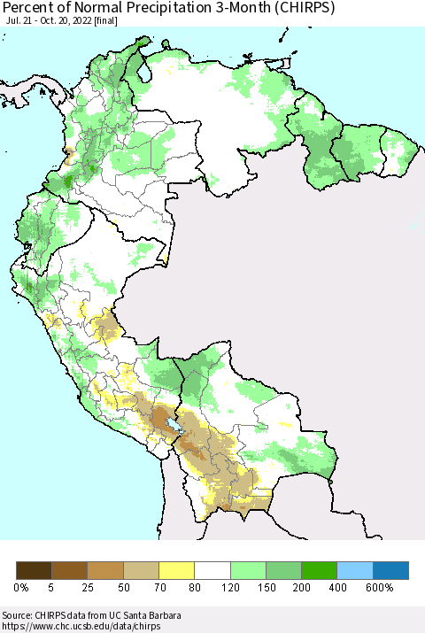 Northern South America Percent of Normal Precipitation 3-Month (CHIRPS) Thematic Map For 7/21/2022 - 10/20/2022