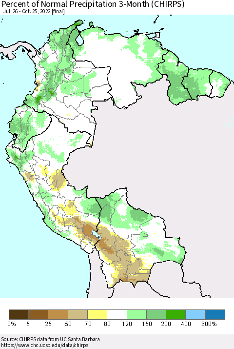 Northern South America Percent of Normal Precipitation 3-Month (CHIRPS) Thematic Map For 7/26/2022 - 10/25/2022