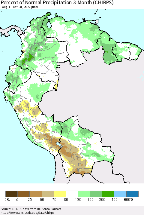 Northern South America Percent of Normal Precipitation 3-Month (CHIRPS) Thematic Map For 8/1/2022 - 10/31/2022