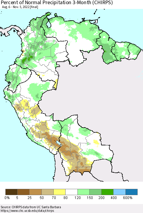 Northern South America Percent of Normal Precipitation 3-Month (CHIRPS) Thematic Map For 8/6/2022 - 11/5/2022