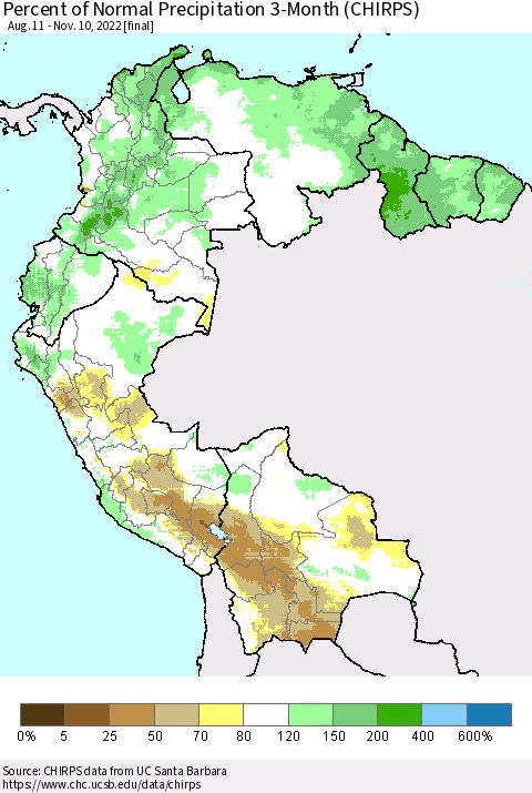 Northern South America Percent of Normal Precipitation 3-Month (CHIRPS) Thematic Map For 8/11/2022 - 11/10/2022