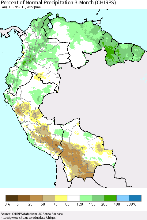 Northern South America Percent of Normal Precipitation 3-Month (CHIRPS) Thematic Map For 8/16/2022 - 11/15/2022