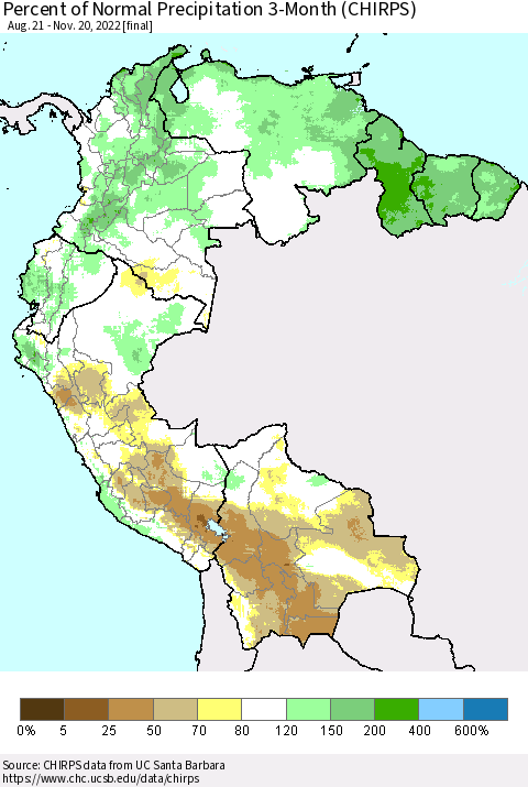 Northern South America Percent of Normal Precipitation 3-Month (CHIRPS) Thematic Map For 8/21/2022 - 11/20/2022
