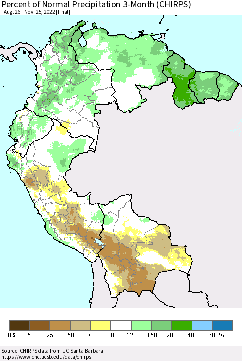 Northern South America Percent of Normal Precipitation 3-Month (CHIRPS) Thematic Map For 8/26/2022 - 11/25/2022