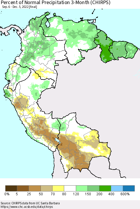 Northern South America Percent of Normal Precipitation 3-Month (CHIRPS) Thematic Map For 9/6/2022 - 12/5/2022