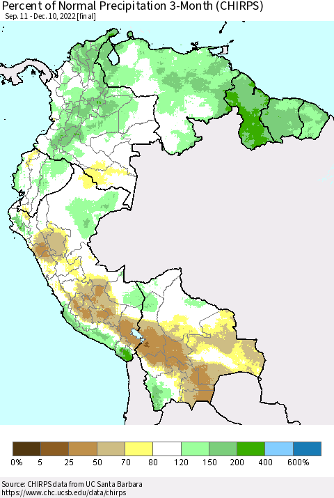 Northern South America Percent of Normal Precipitation 3-Month (CHIRPS) Thematic Map For 9/11/2022 - 12/10/2022
