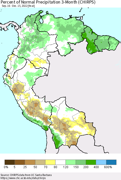 Northern South America Percent of Normal Precipitation 3-Month (CHIRPS) Thematic Map For 9/16/2022 - 12/15/2022