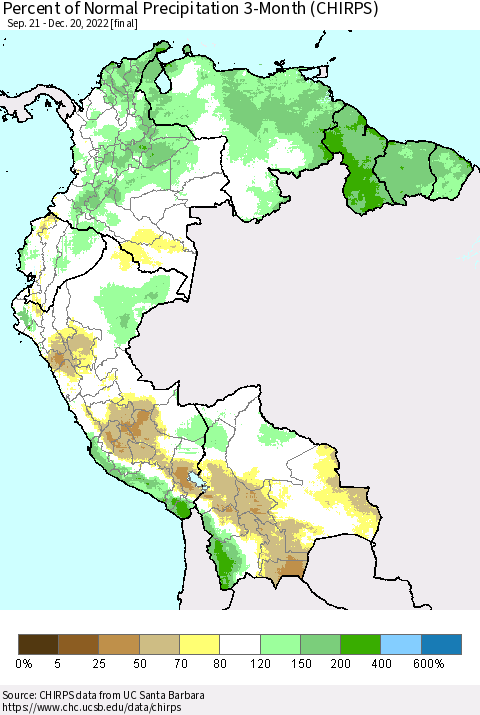 Northern South America Percent of Normal Precipitation 3-Month (CHIRPS) Thematic Map For 9/21/2022 - 12/20/2022