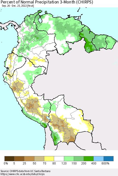 Northern South America Percent of Normal Precipitation 3-Month (CHIRPS) Thematic Map For 9/26/2022 - 12/25/2022