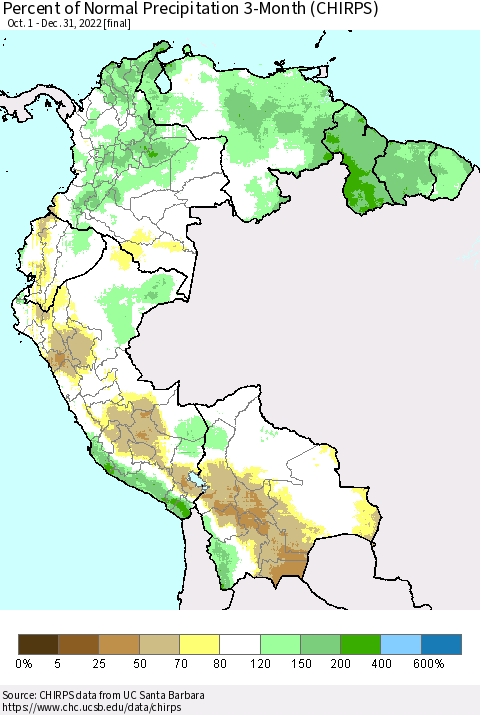 Northern South America Percent of Normal Precipitation 3-Month (CHIRPS) Thematic Map For 10/1/2022 - 12/31/2022