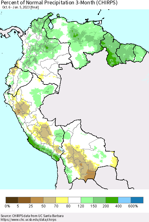 Northern South America Percent of Normal Precipitation 3-Month (CHIRPS) Thematic Map For 10/6/2022 - 1/5/2023