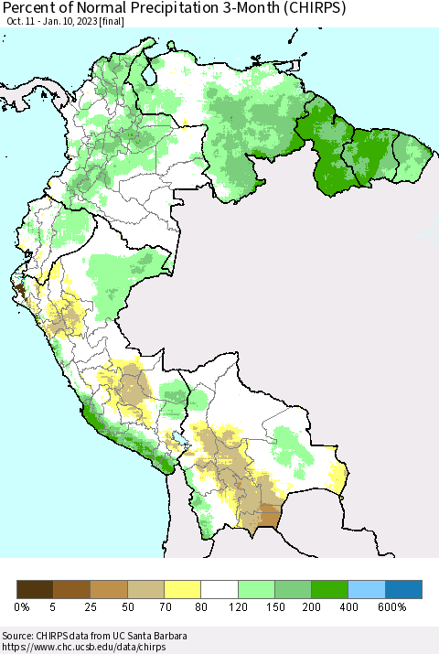 Northern South America Percent of Normal Precipitation 3-Month (CHIRPS) Thematic Map For 10/11/2022 - 1/10/2023