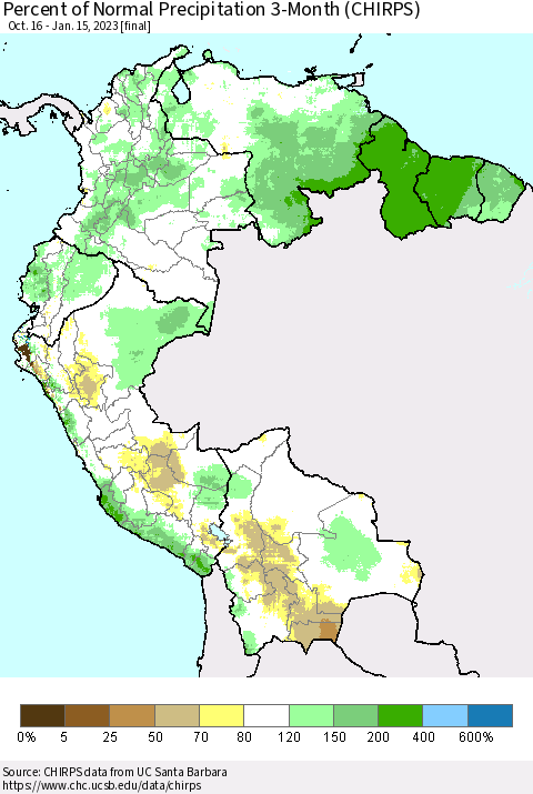 Northern South America Percent of Normal Precipitation 3-Month (CHIRPS) Thematic Map For 10/16/2022 - 1/15/2023
