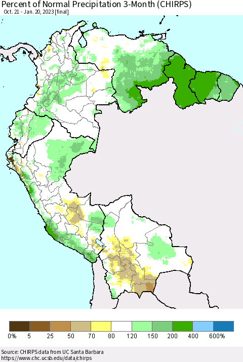 Northern South America Percent of Normal Precipitation 3-Month (CHIRPS) Thematic Map For 10/21/2022 - 1/20/2023