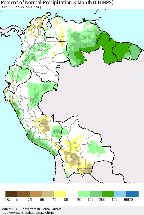 Northern South America Percent of Normal Precipitation 3-Month (CHIRPS) Thematic Map For 10/26/2022 - 1/25/2023