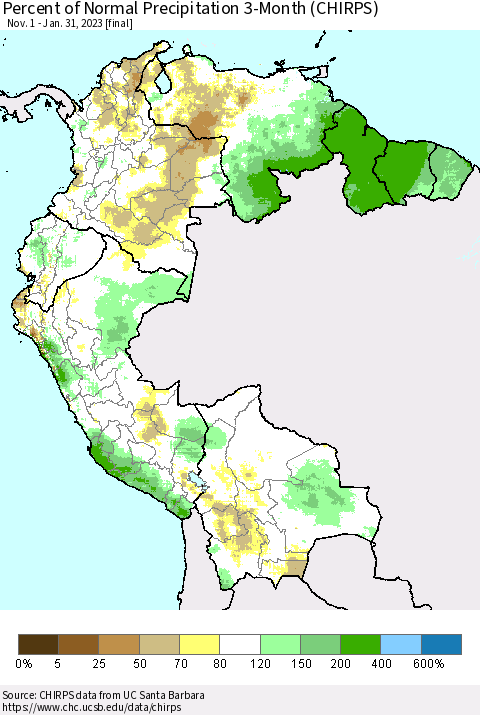 Northern South America Percent of Normal Precipitation 3-Month (CHIRPS) Thematic Map For 11/1/2022 - 1/31/2023