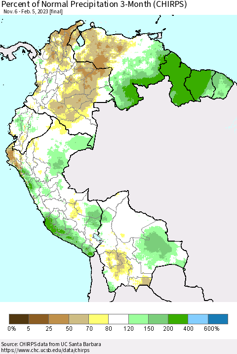 Northern South America Percent of Normal Precipitation 3-Month (CHIRPS) Thematic Map For 11/6/2022 - 2/5/2023