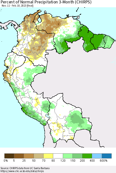 Northern South America Percent of Normal Precipitation 3-Month (CHIRPS) Thematic Map For 11/11/2022 - 2/10/2023