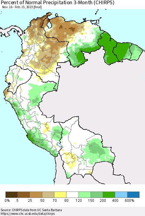 Northern South America Percent of Normal Precipitation 3-Month (CHIRPS) Thematic Map For 11/16/2022 - 2/15/2023