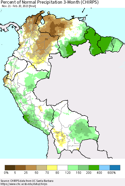Northern South America Percent of Normal Precipitation 3-Month (CHIRPS) Thematic Map For 11/21/2022 - 2/20/2023